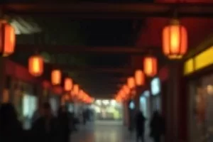 唱片店里排列密集的黑胶唱片架，暖色吊灯悬在上方