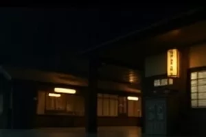 果园里挂满果实的枝头，远处是低矮的老屋屋顶
