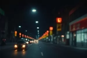 断电后的街区全景，只有零星几扇窗透着光