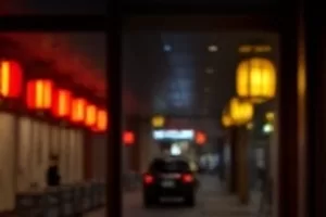 旧货市场摊位上的两把藤椅与褪色遮阳棚，阳光斜照