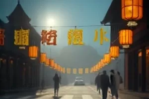 浓雾中的早班列车车头灯，站台空无一人